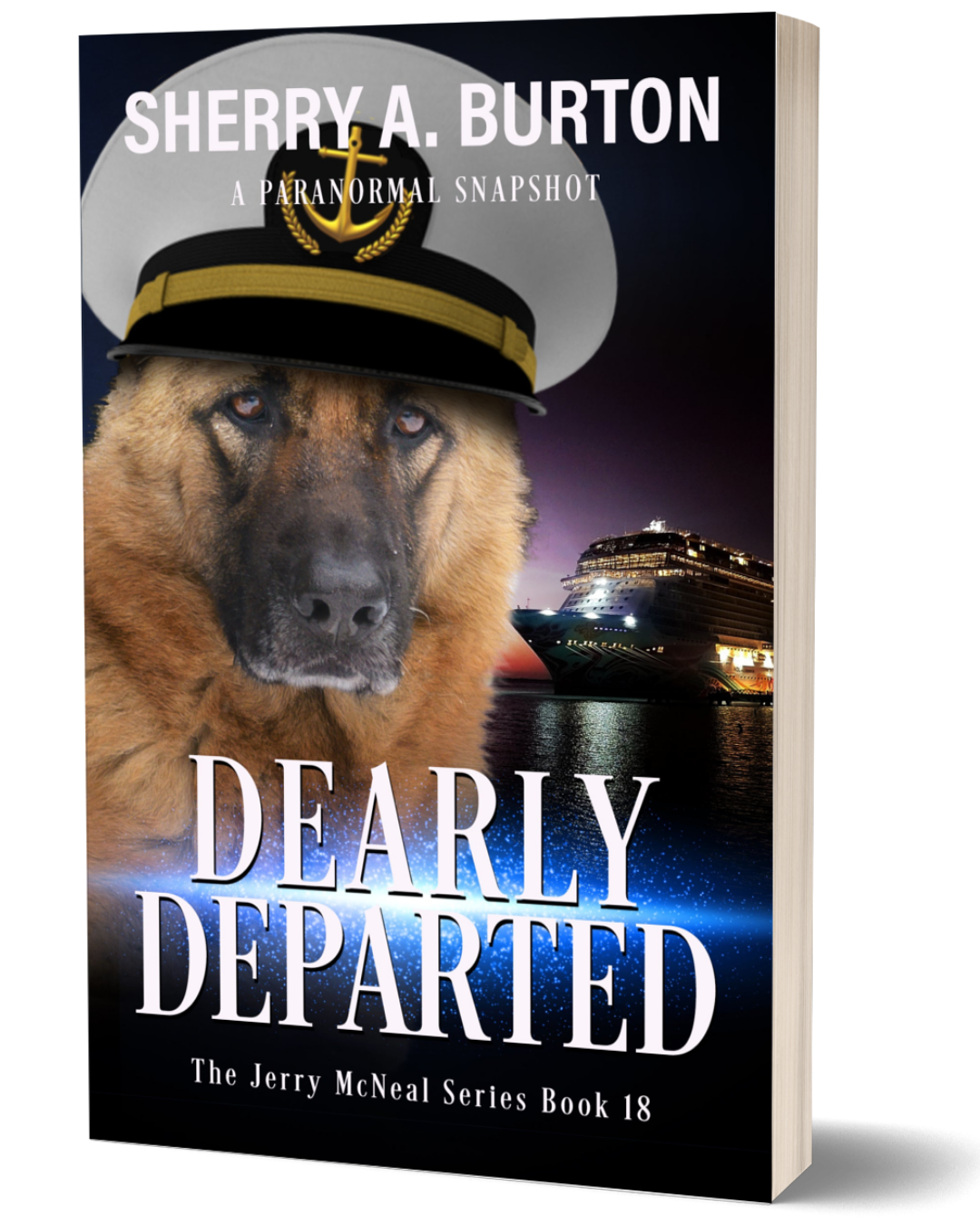 Book cover of 'Dearly Departed' by Sherry A. Burton with a dog wearing a captain's hat and a ship in the background.