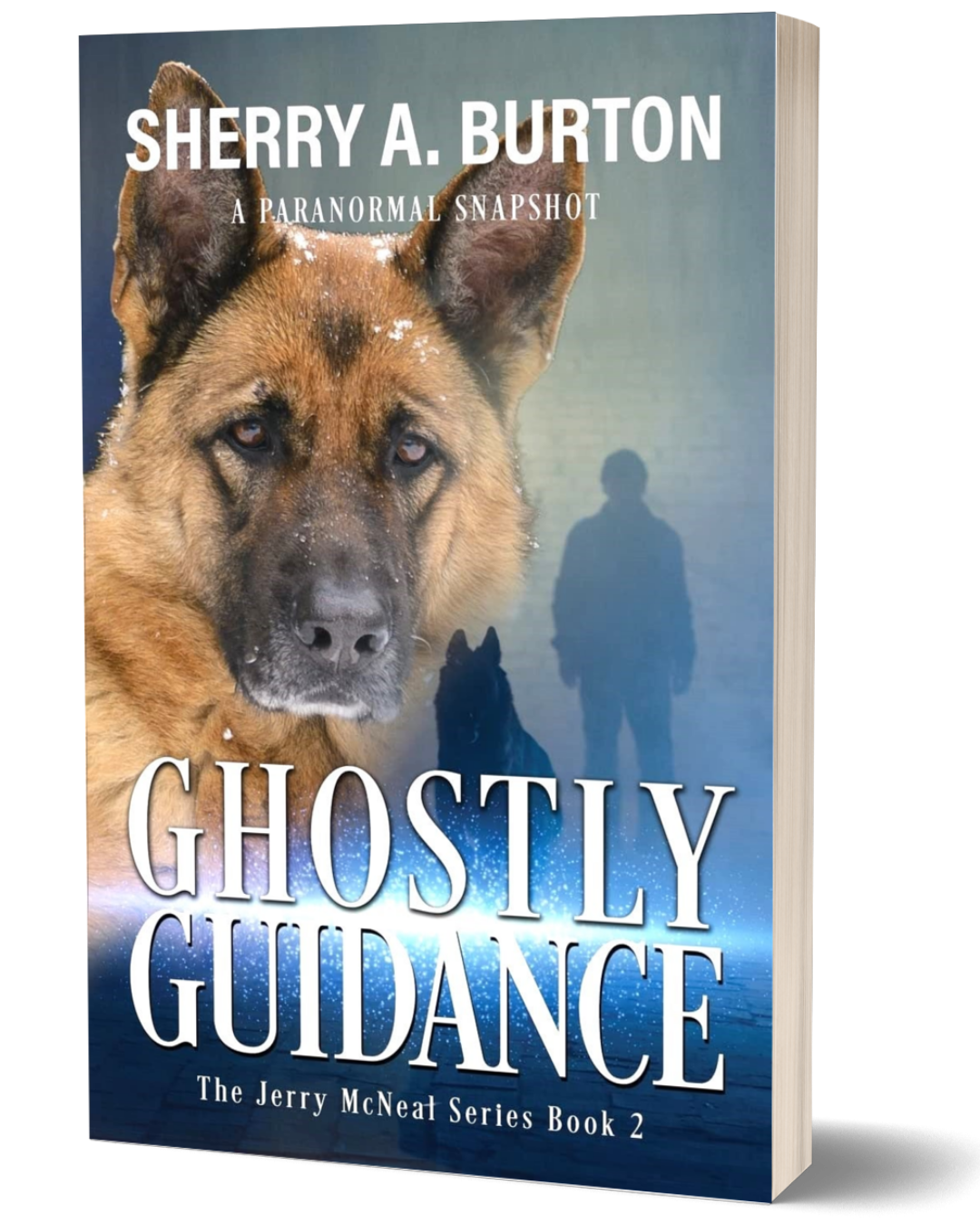 Book cover of 'Ghostly Guidance' by Sherry A. Burton featuring a dog and silhouette on a blue background.