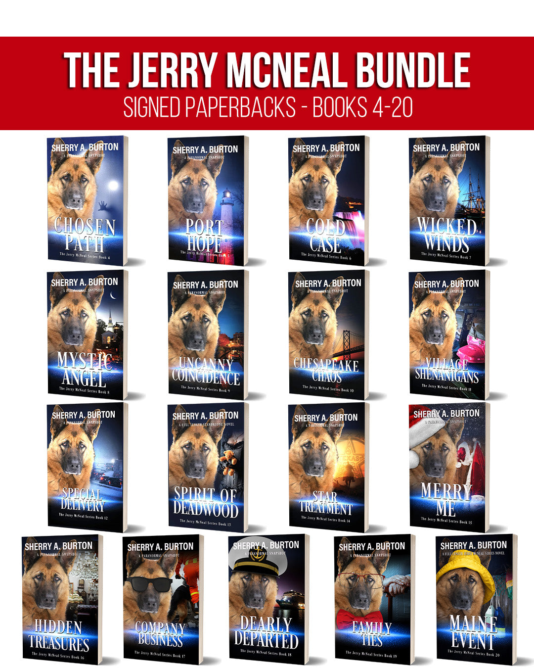 Promotional collage for 'The Jerry McNeal Bundle' featuring 20 signed paperback books by Shery A. Burton, arranged in a grid beneath a red title banner.