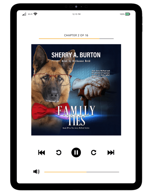 Digital book cover of 'Family Ties' displayed on a tablet screen.