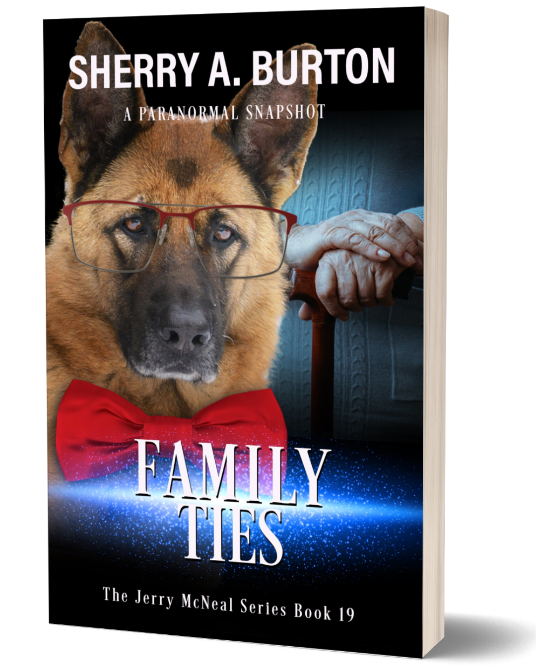 Book cover of 'Family Ties' by Sherry A. Burton featuring a dog with glasses and a red bow tie.