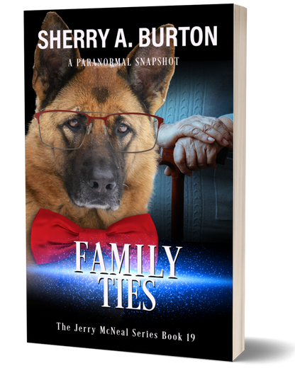 Book cover of 'Family Ties' by Sherry A. Burton featuring a dog with glasses and a red bow tie.