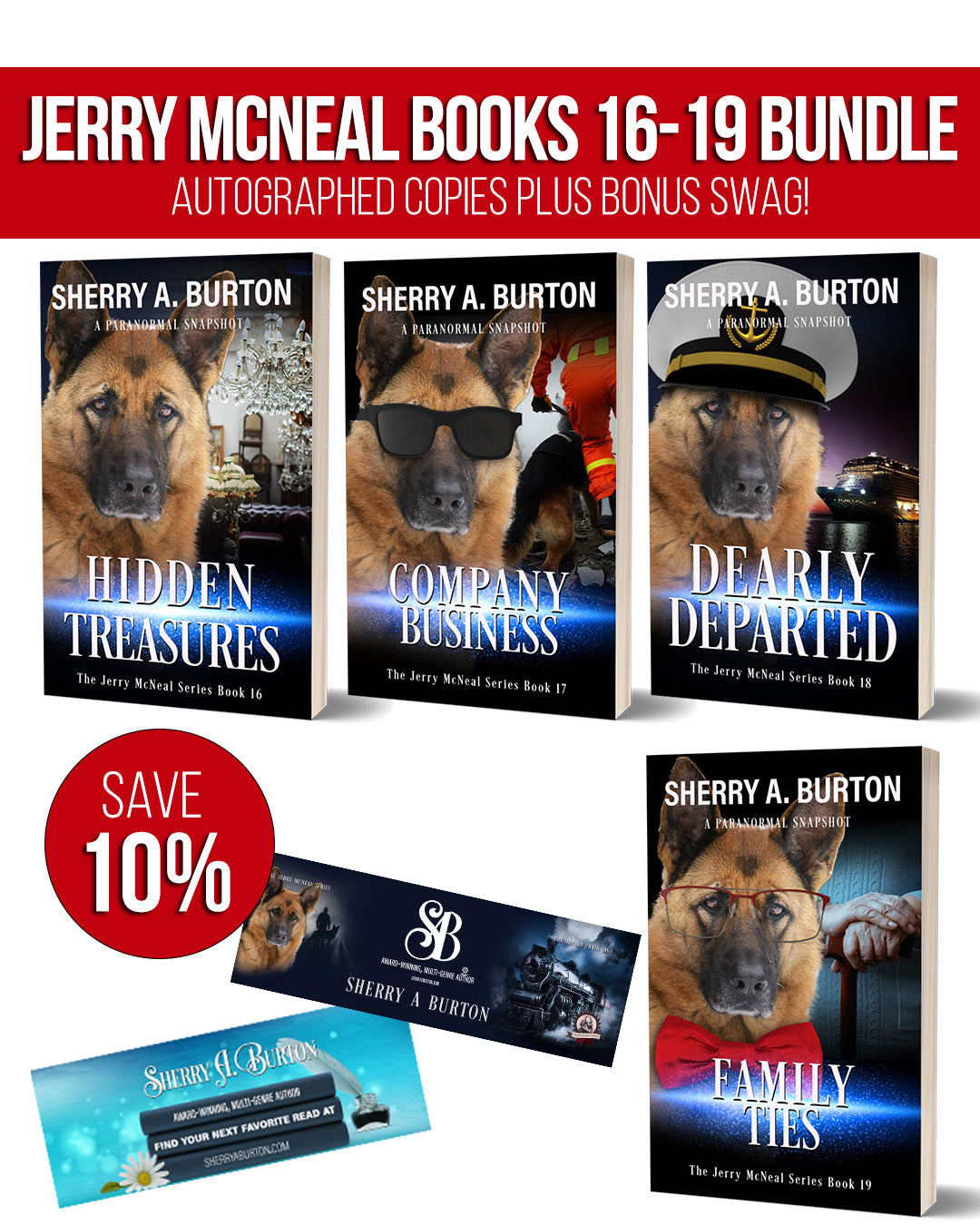 Promotional image of Jerry McNeal books 16-19 bundle with Sherry A. Burton's dog-themed novels.