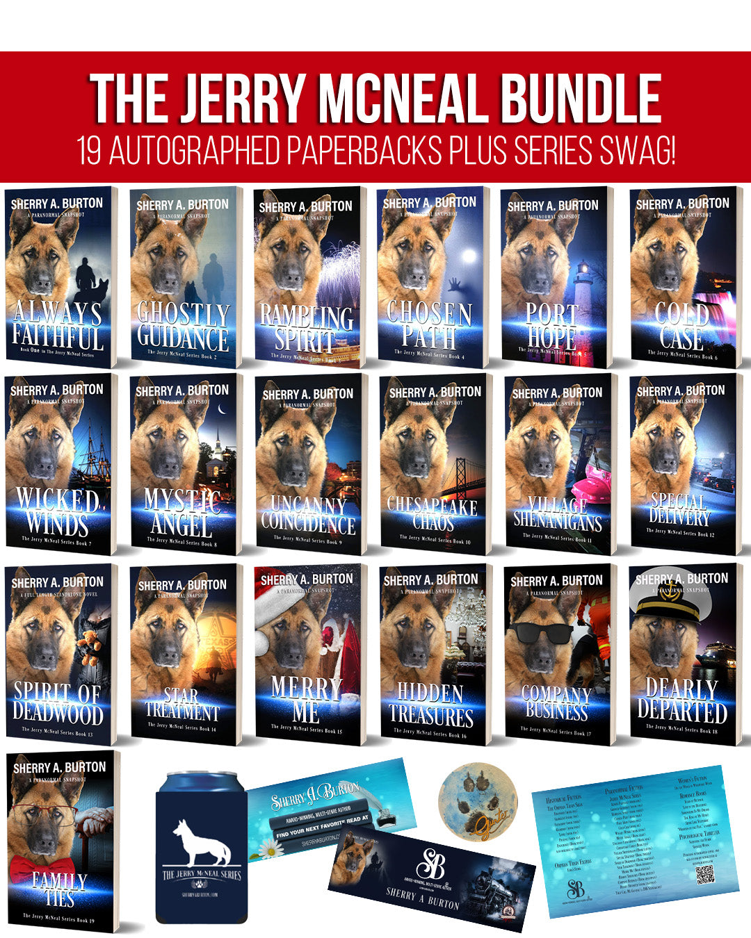 Collection of 'The Jerry McNeal Bundle' with 19 autographed paperbacks and swag.