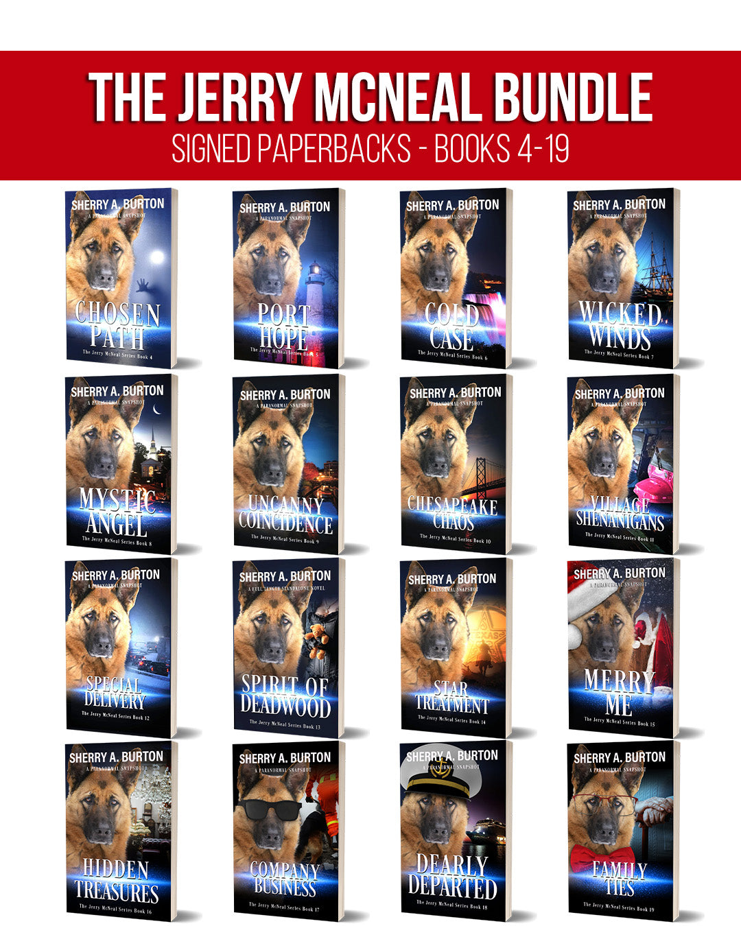 Collection of 'The Jerry McNeal Bundle' signed paperbacks by Sherry A. Burton with a red banner at the top.