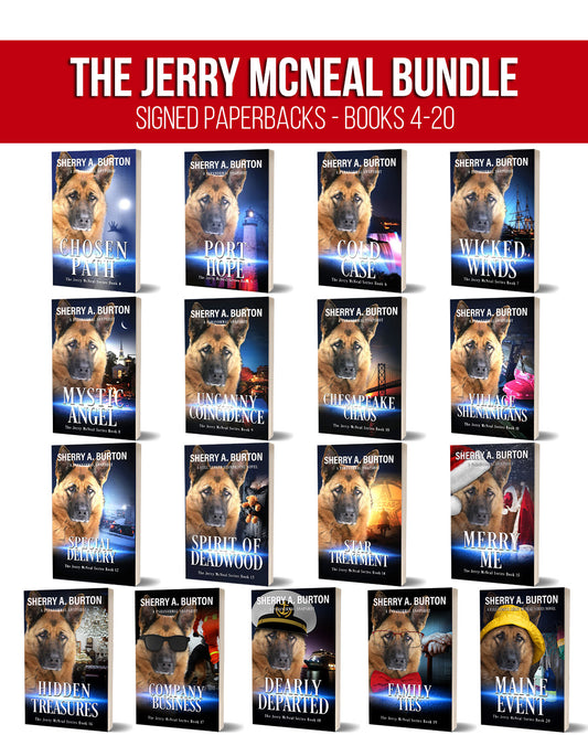 Promotional collage for 'The Jerry McNeal Bundle' featuring 20 signed paperback books by Shery A. Burton, arranged in a grid beneath a red title banner.