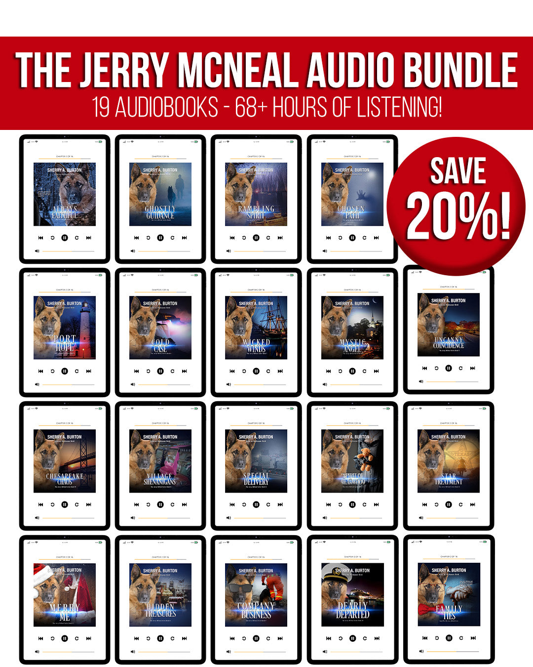 Jerry McNeal audio book bundle with 19 audiobooks and a 20% save offer on a red background.