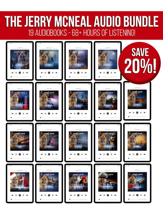 Jerry McNeal audio book bundle with 19 audiobooks and a 20% save offer on a red background.