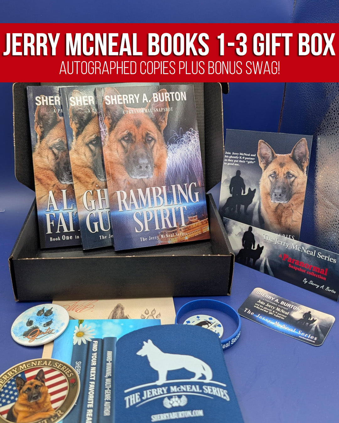 Jerry McNeal books 1-3 gift box with autographed copies and bonus swag on a blue background