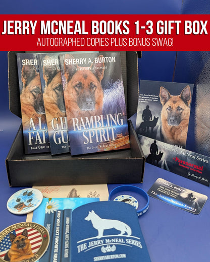 Jerry McNeal books 1-3 gift box with autographed copies and bonus swag on a blue background
