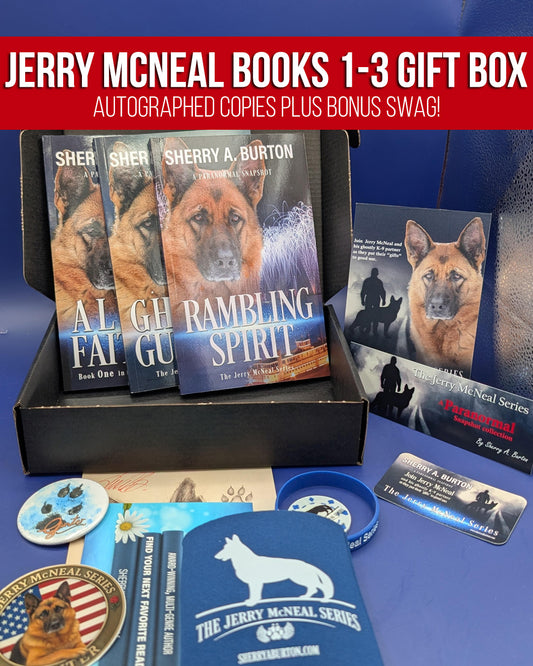 Jerry McNeal books 1-3 gift box with autographed copies and bonus swag on a blue background