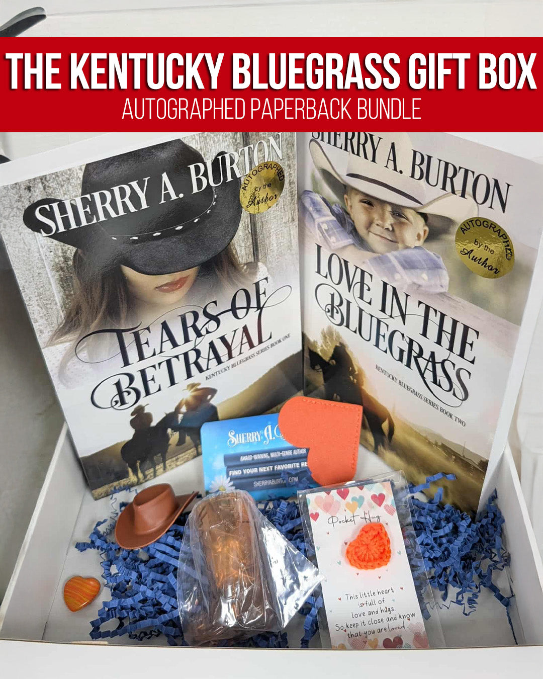 Image of the Kentucky Bluegrass gift box, including the two books in the series, plus bonus swag