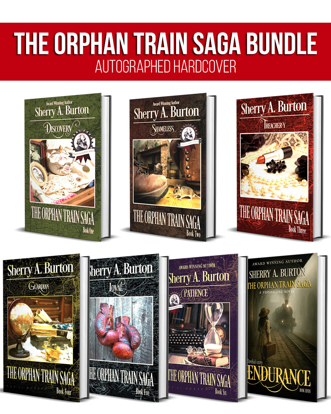 Images of the seven hardcover books in the Orphan Train Saga bundle