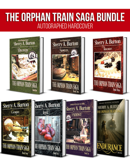 Images of the seven hardcover books in the Orphan Train Saga bundle