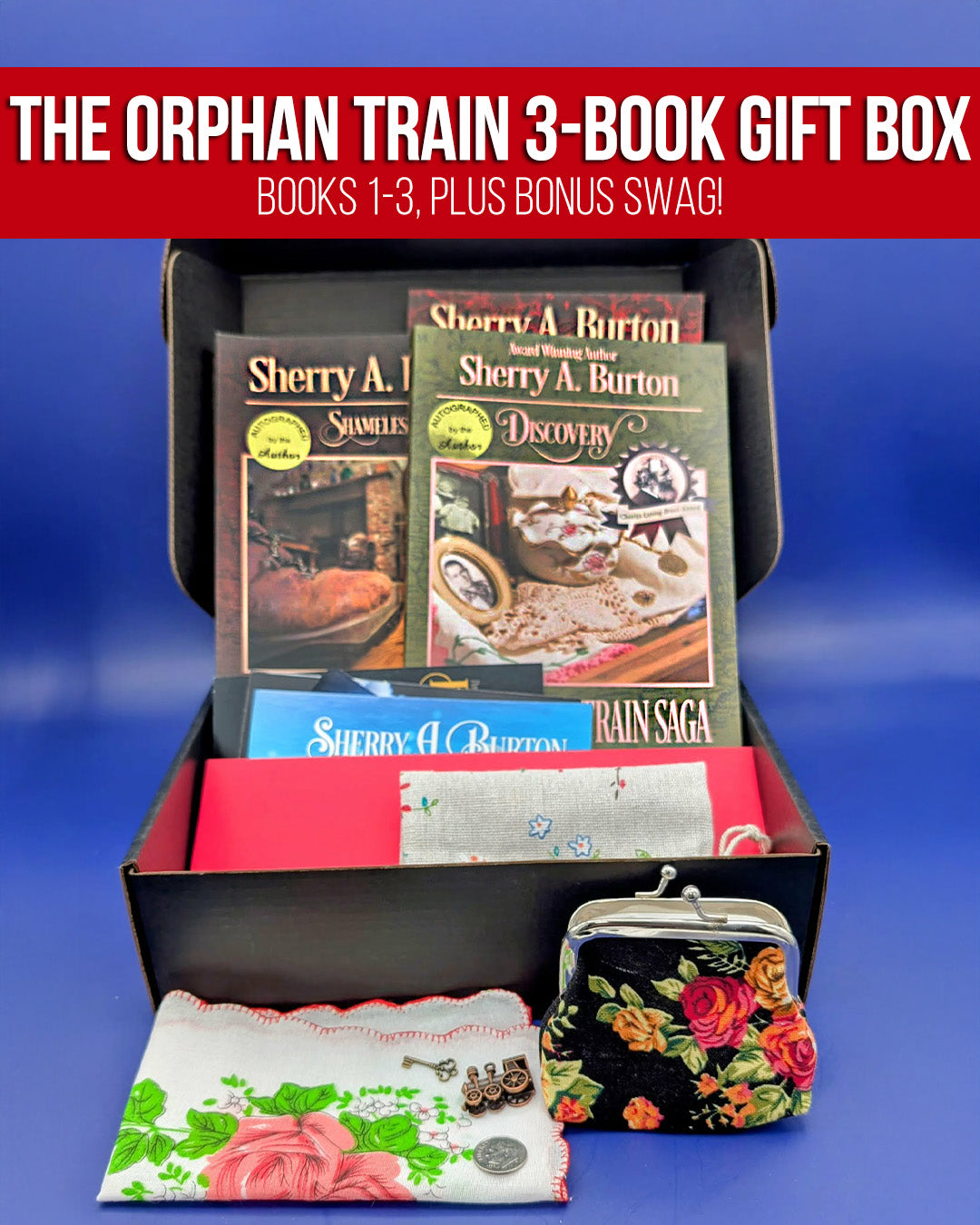 image of a gift box with the first three books in the Orphan Train saga, plus bonus swag